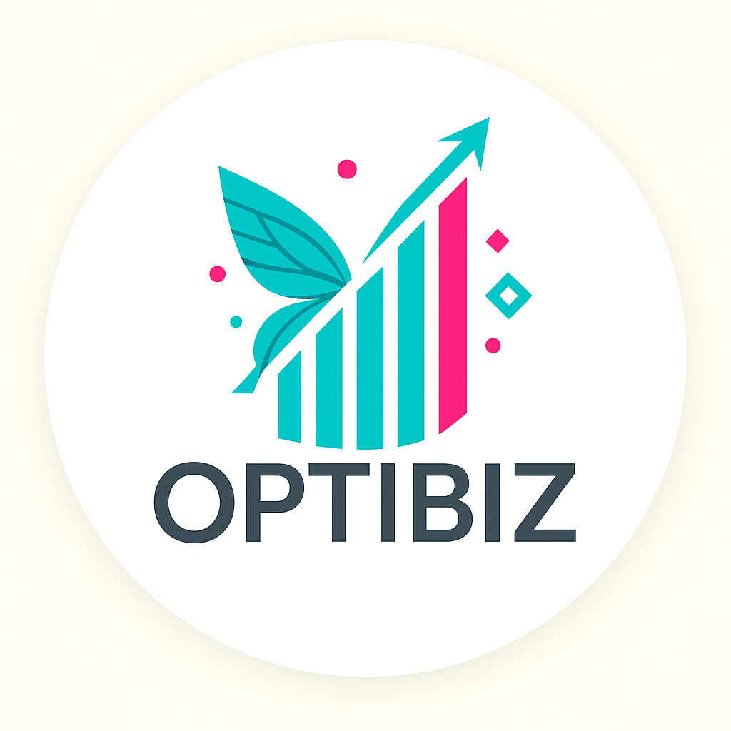 Logo OptiBiz : un papillon turquoise et une flèche de croissance turquoise et rose.